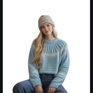 Hand Knit Chunky Scandi Norwegian Sky Blue Fairisle Knit Sweater Sz S